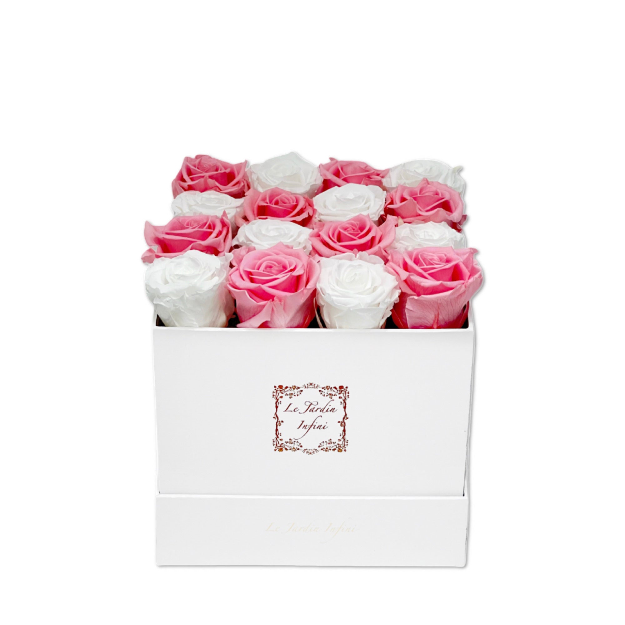 16 Pink & White Checker Preserved Roses - Luxury Square Shiny Gold Box