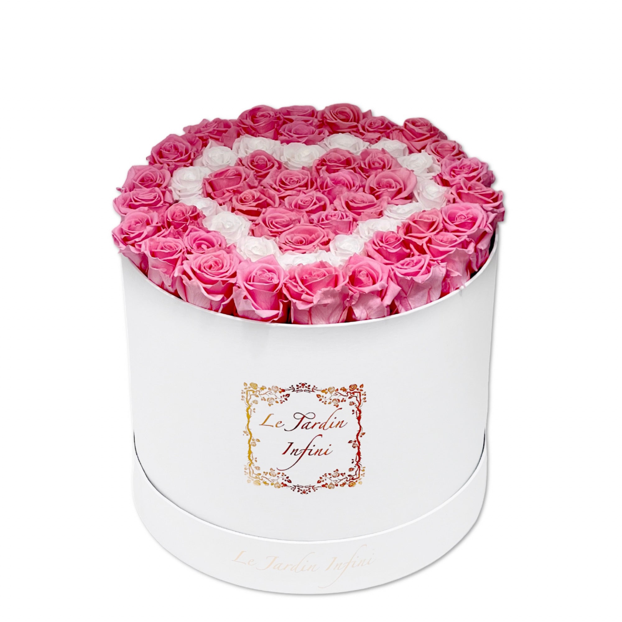 Heart Design White & Pink Preserved Roses - Luxury Large Round White Box
