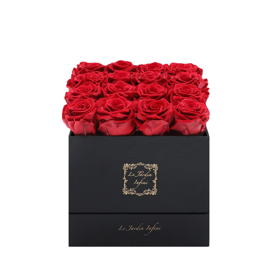 16 Red Preserved Roses - Luxury Square Shiny Black Box
