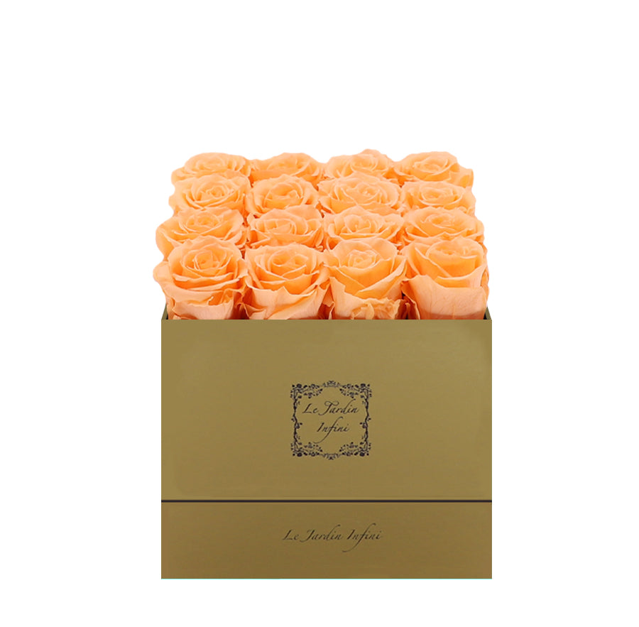 16 Peach Preserved Roses - Luxury Square Shiny Gold Box