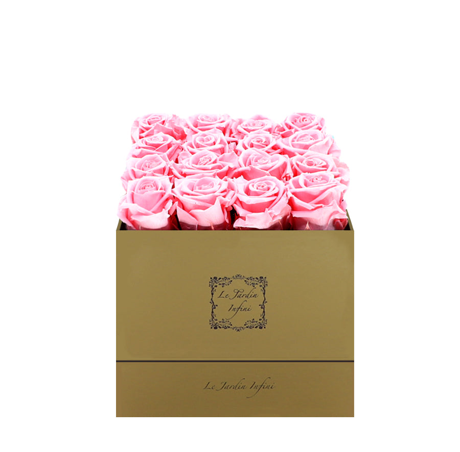 16 Pink Preserved Roses - Luxury Square Shiny Gold Box