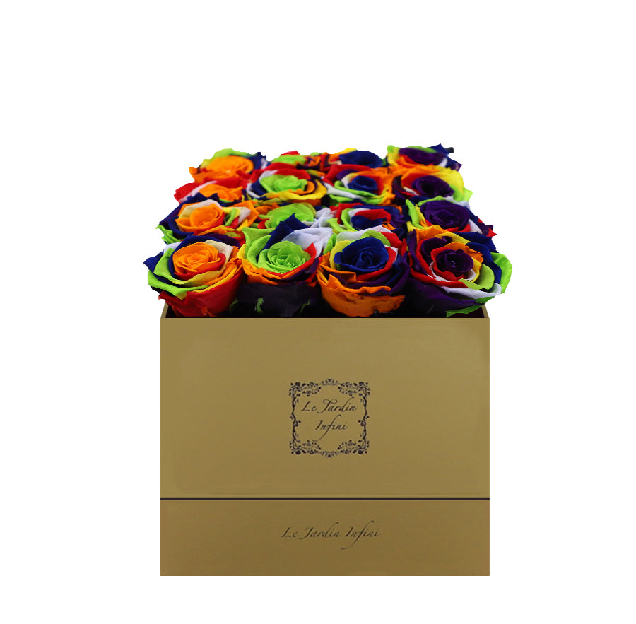 16 Rainbow Preserved Roses - Luxury Square Shiny Gold Box
