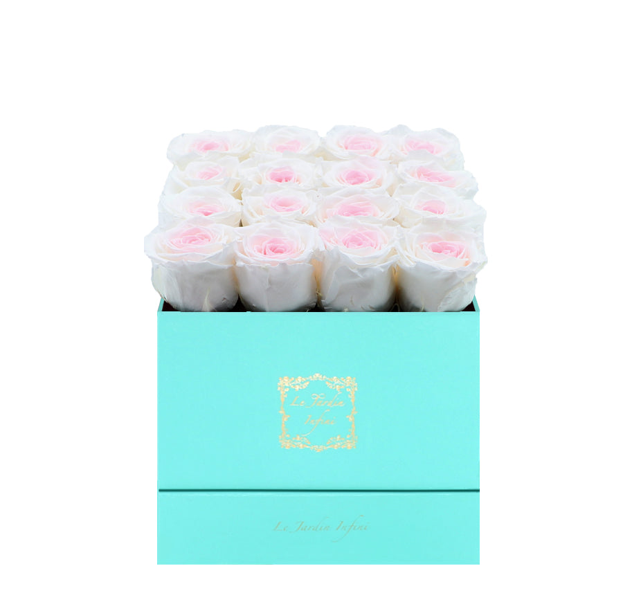 16 Bicolor Preserved Roses - Luxury Square Shiny Turquoise Box