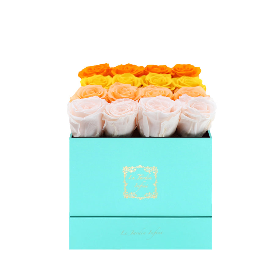 16 Orange, Yellow, Peach & Champagne Rows Preserved Roses - Luxury Square Shiny Turquoise Box