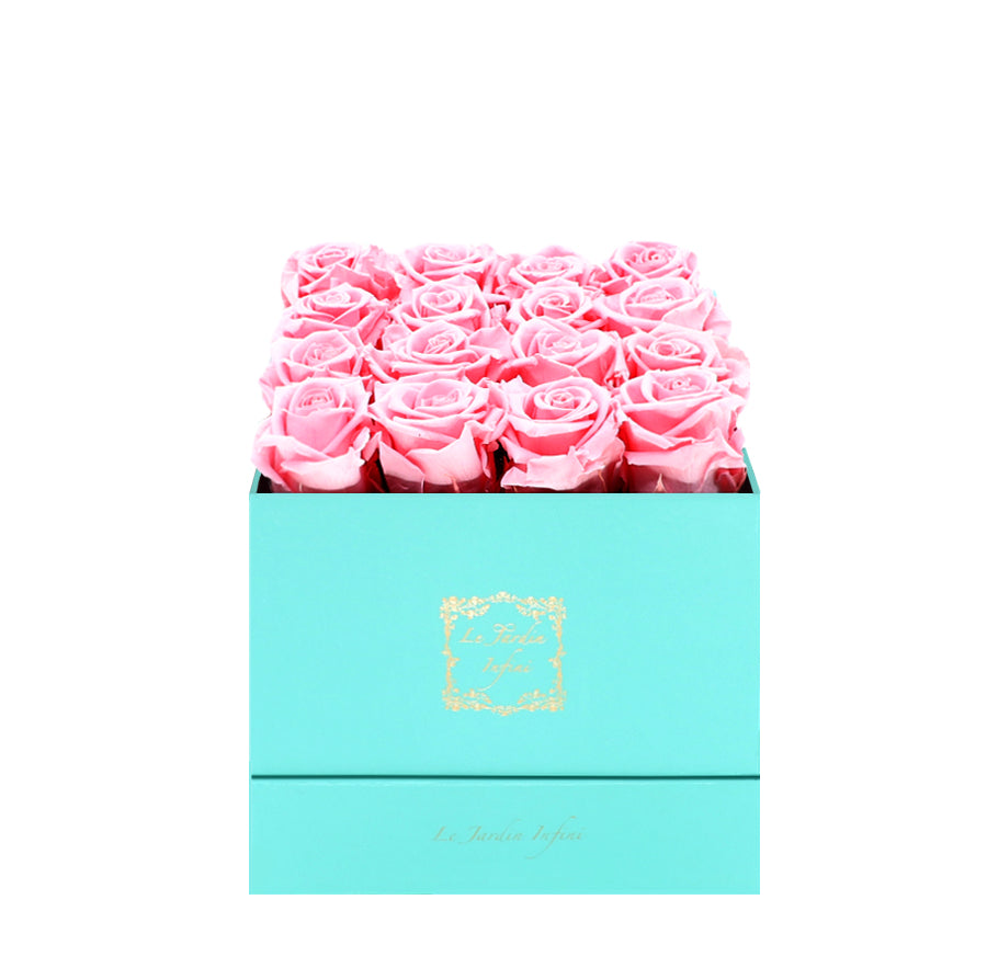 16 Pink Preserved Roses - Luxury Square Shiny Turquoise Box