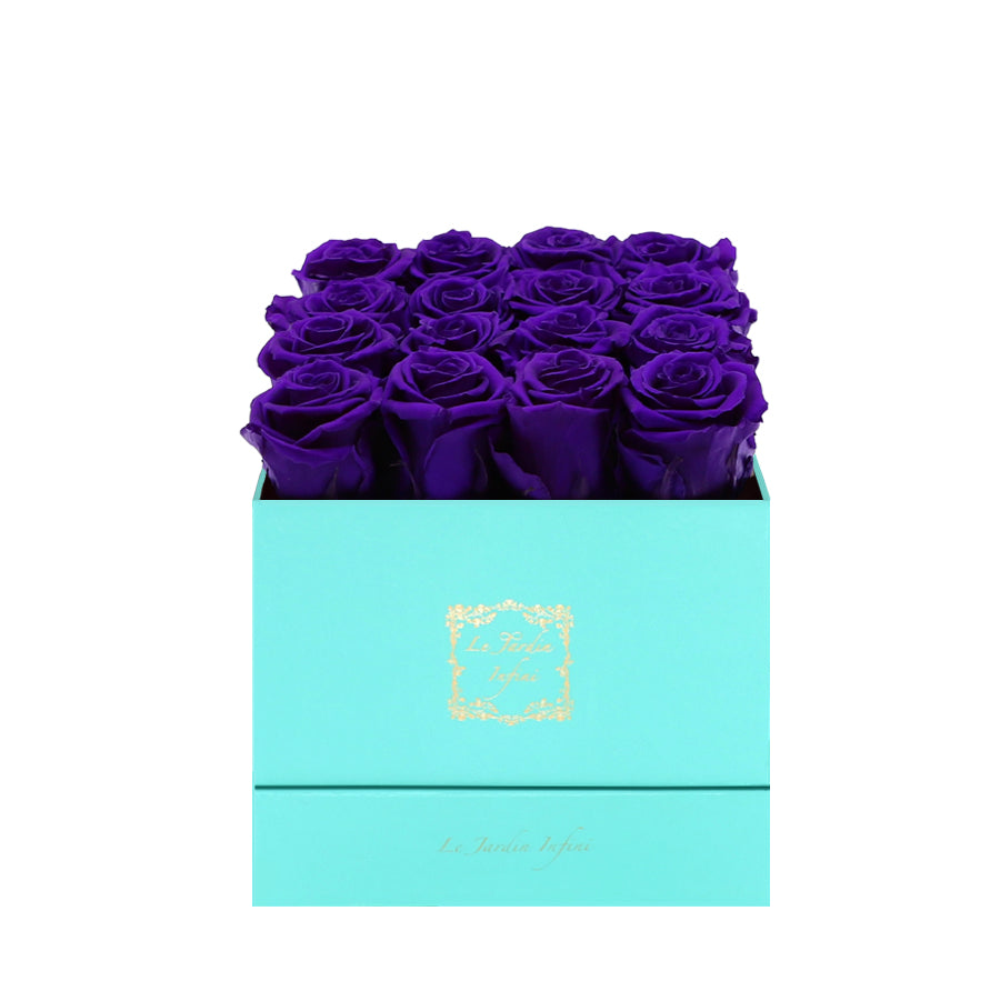 16 Purple Preserved Roses - Luxury Square Shiny Turquoise Box