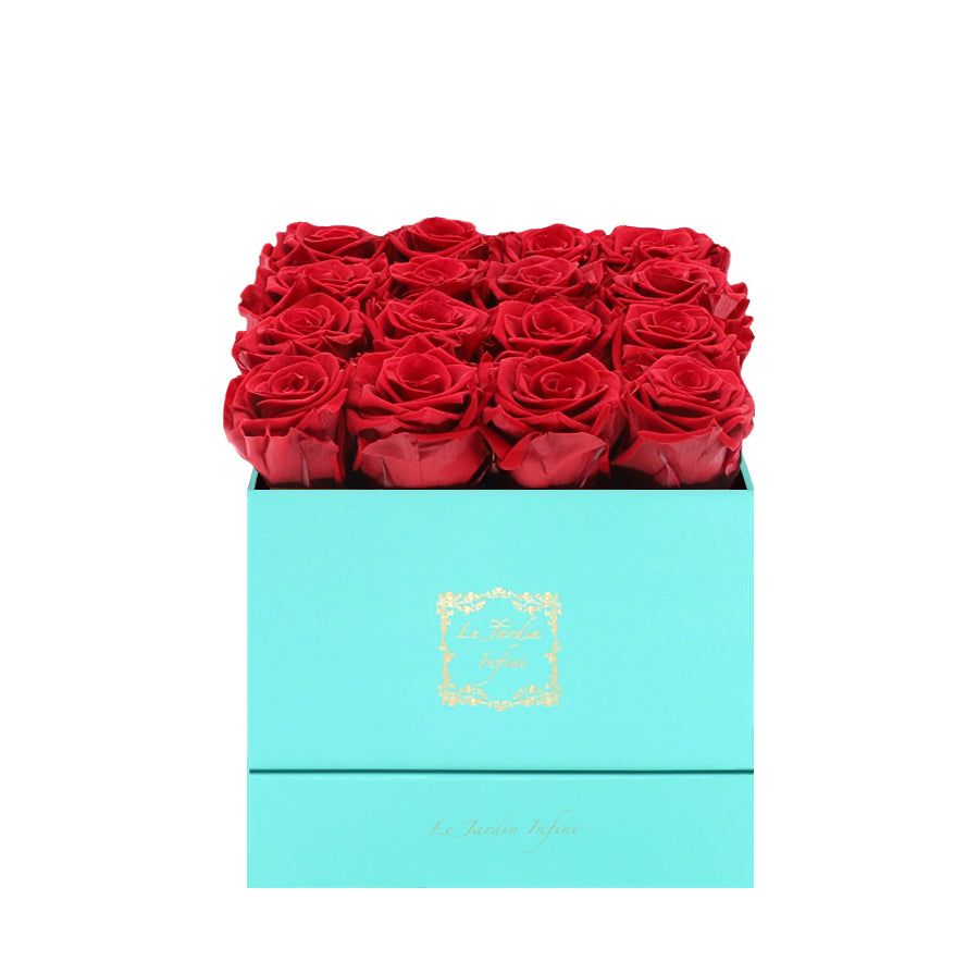 16 Red Preserved Roses - Luxury Square Shiny Turquoise Box