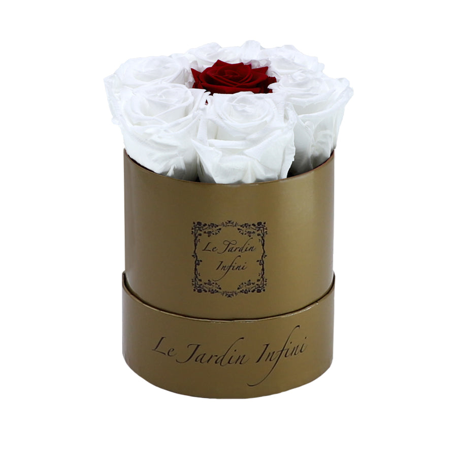 7 White & Red Dot Preserved Roses - Luxury Round Shiny Gold Box