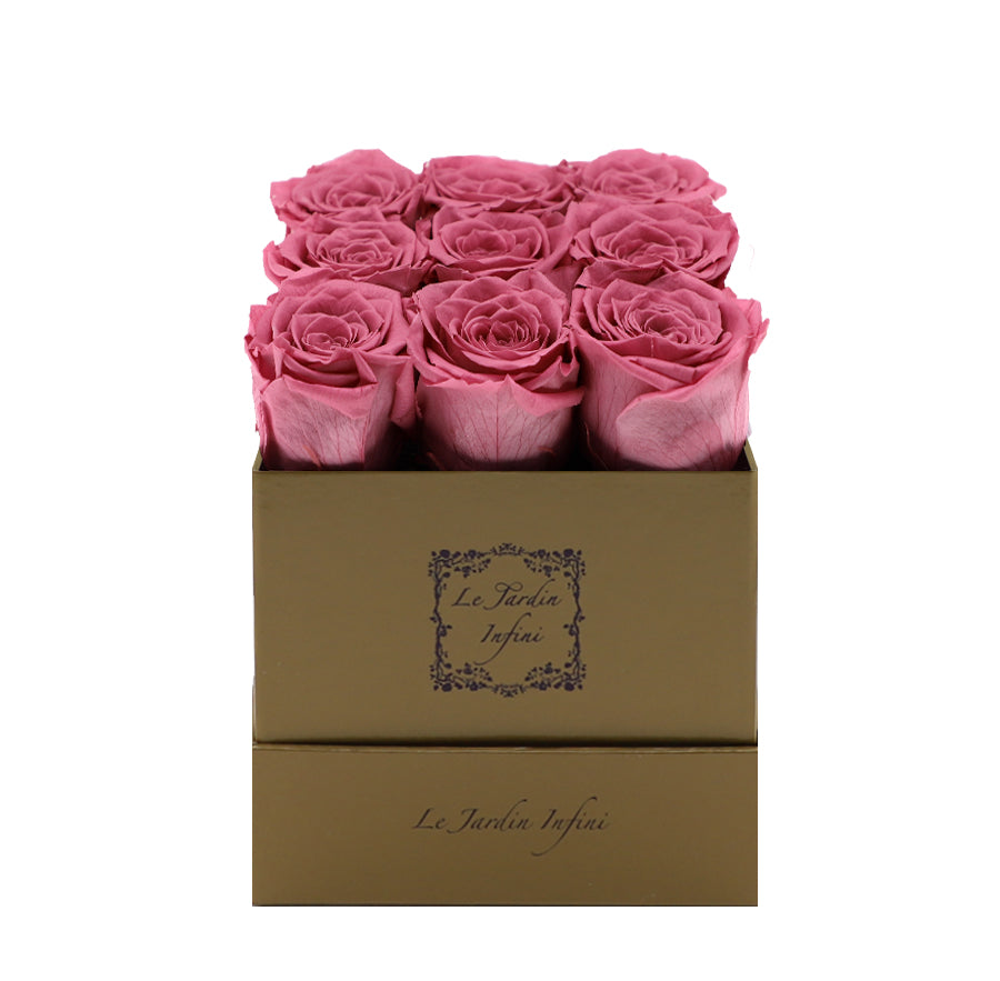 9 Cherry Blossom Preserved Roses - Luxury Square Shiny Gold Box