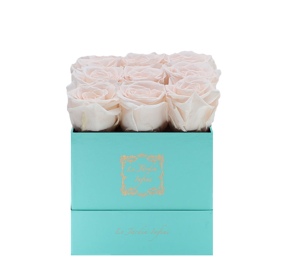 9 Champagne Preserved Roses - Luxury Square Shiny Turquoise Box