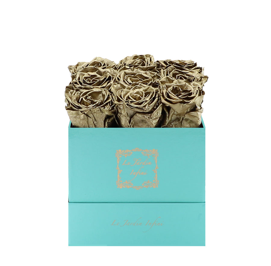 9 Gold Preserved Roses - Luxury Square Shiny Turquoise Box