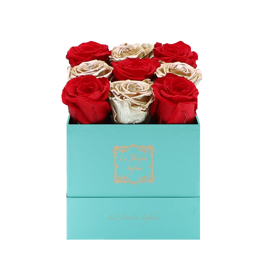 9 Red & Gold Checker Preserved Roses - Luxury Square Shiny Turquoise Box