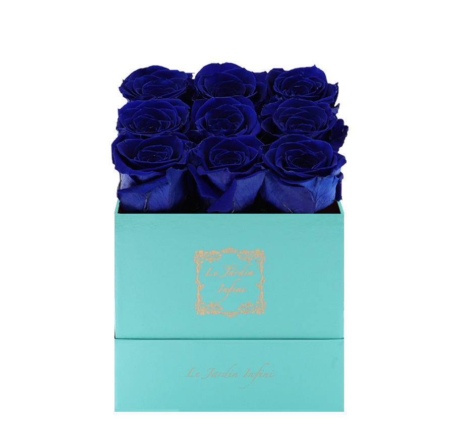 9 Royal Blue Preserved Roses - Luxury Square Shiny Turquoise Box