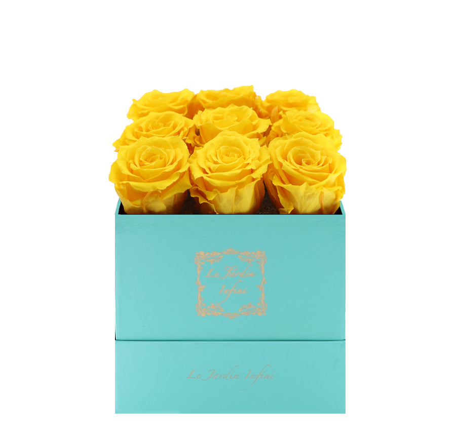 9 Warm Yellow Preserved Roses - Luxury Square Shiny Turquoise Box
