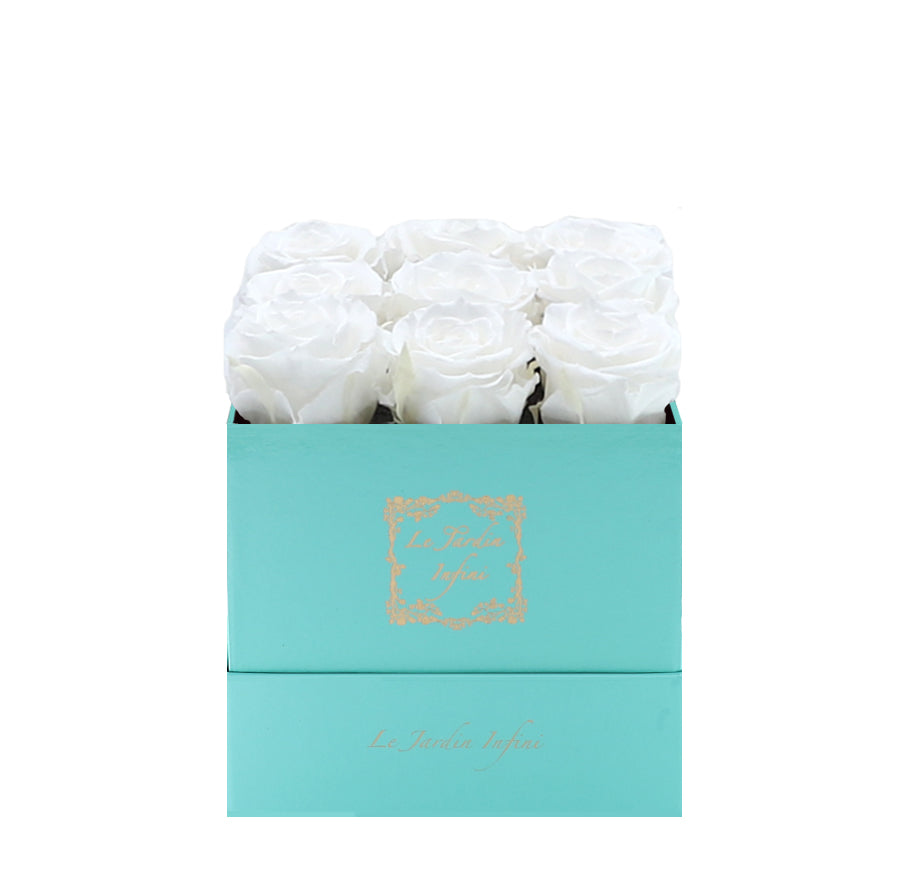 9 White Preserved Roses - Luxury Square Shiny Turquoise Box