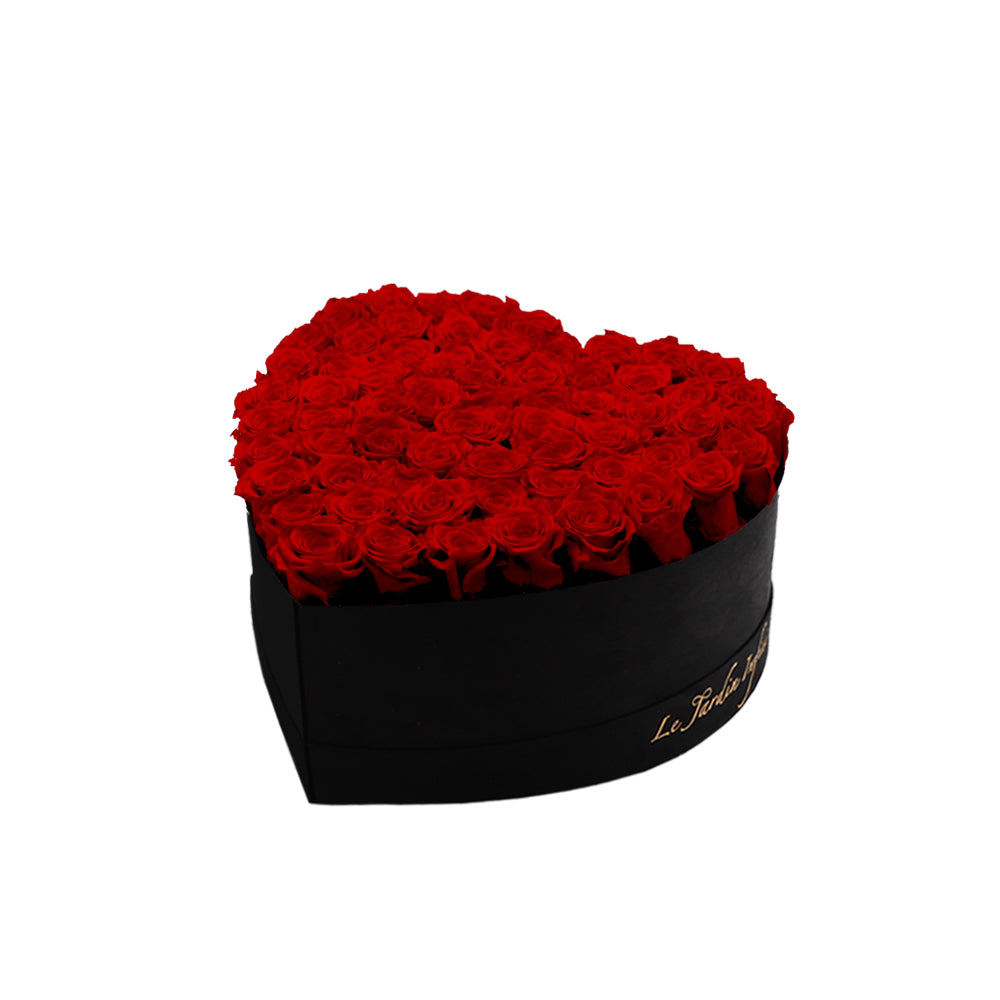 65-75 Red Preserved Roses in A Heart Shaped Box- Medium Heart Luxury Black Suede Box