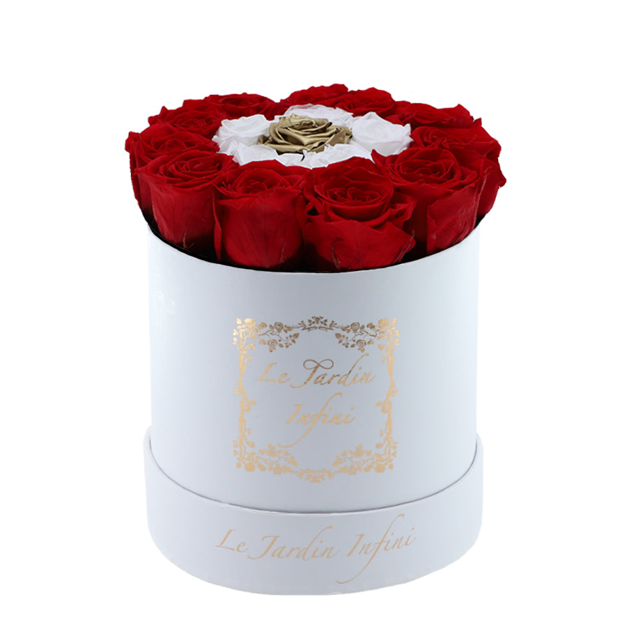 Red Preserved with White & Gold Rose - Medium Round White Box
