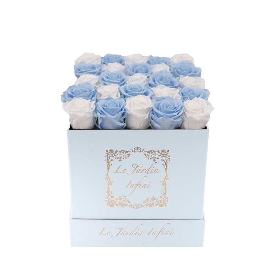 White & Baby Blue Checker Preserved Roses - Medium Square White Box