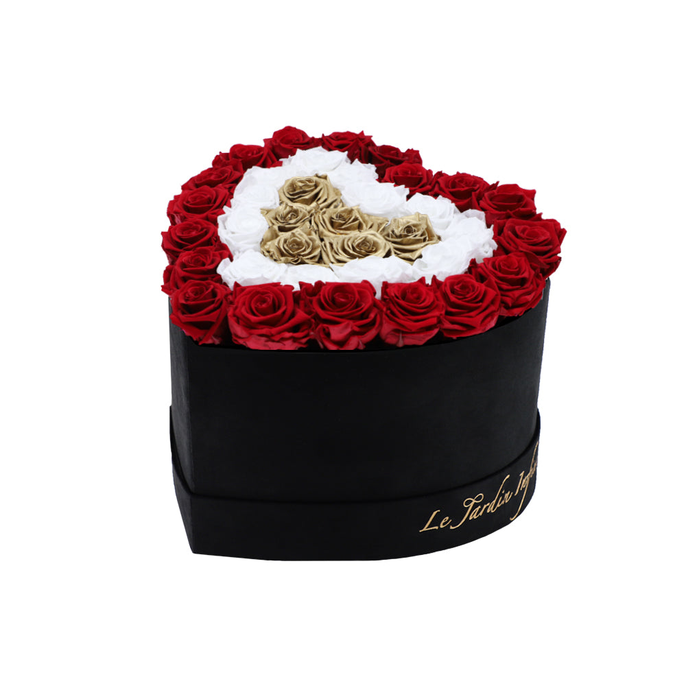 36 Red, Gold & White Triple Hearts Preserved Roses in A Heart Shaped Box- Small Heart Luxury Black Suede Box