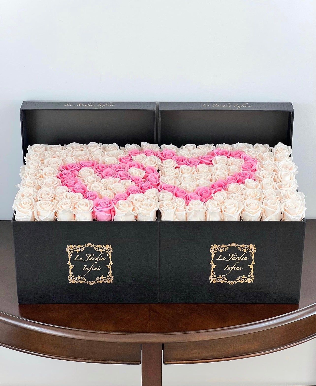 100 Roses Champagne & Pink Hearts Design Preserved Roses - 2 Large Square Luxury Black Leather Boxes