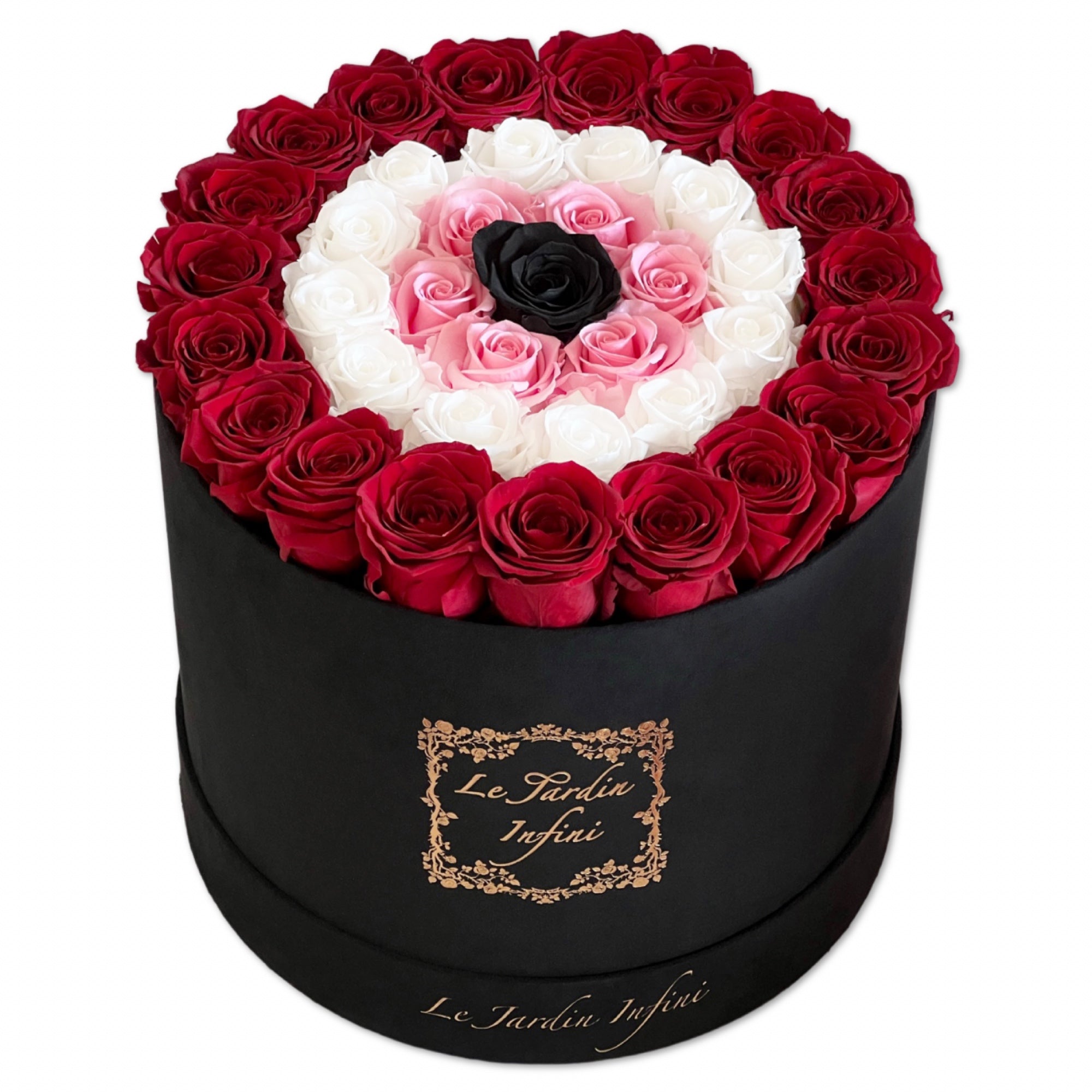 Red Evil Eye- Deep Red, White, Soft Pink and Black Preserved Roses-Large Round Luxury Black Suede Box