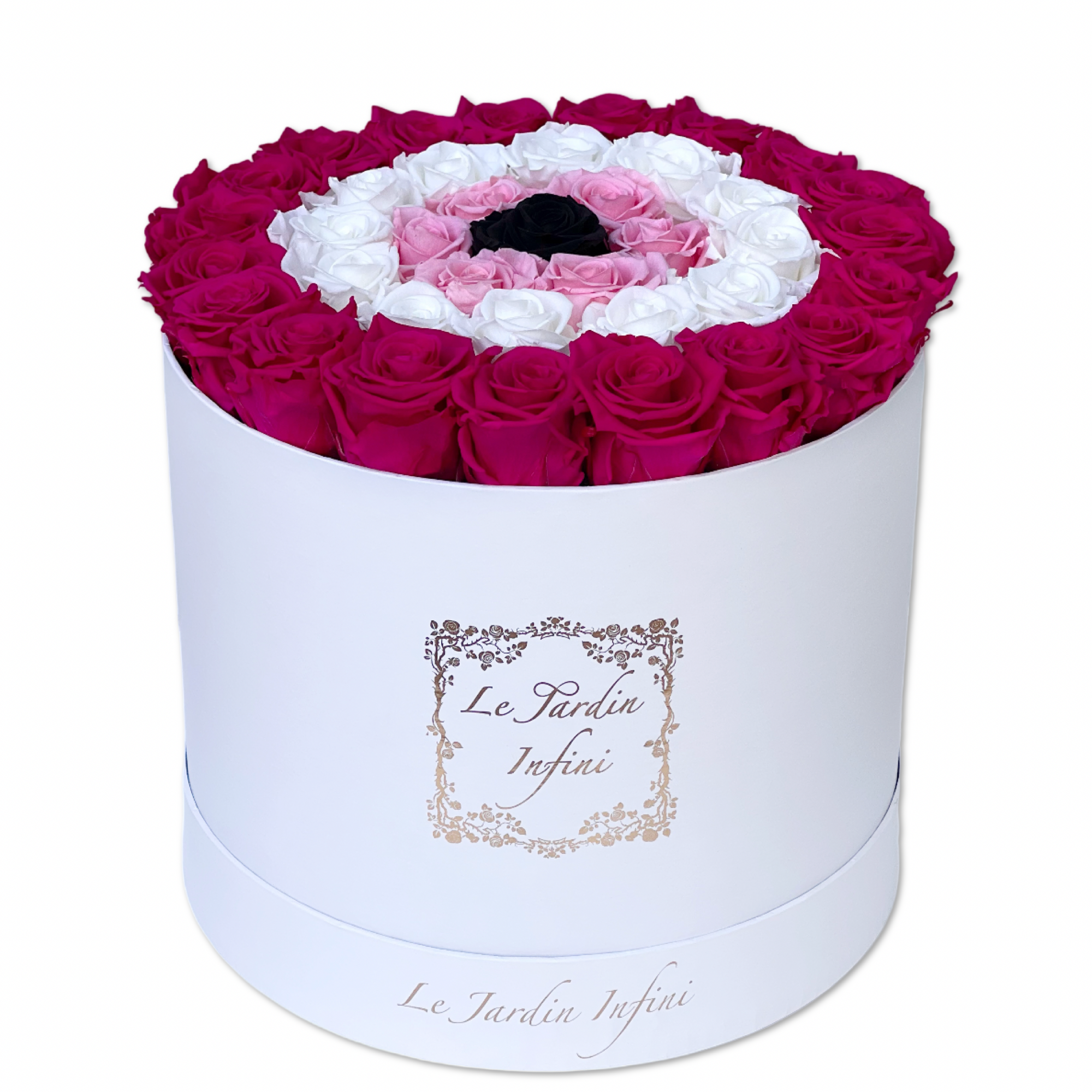 Pink Evil Eye- Fuscia, White, Soft Pink & Black Preserved Roses-Large Round Luxury White Box