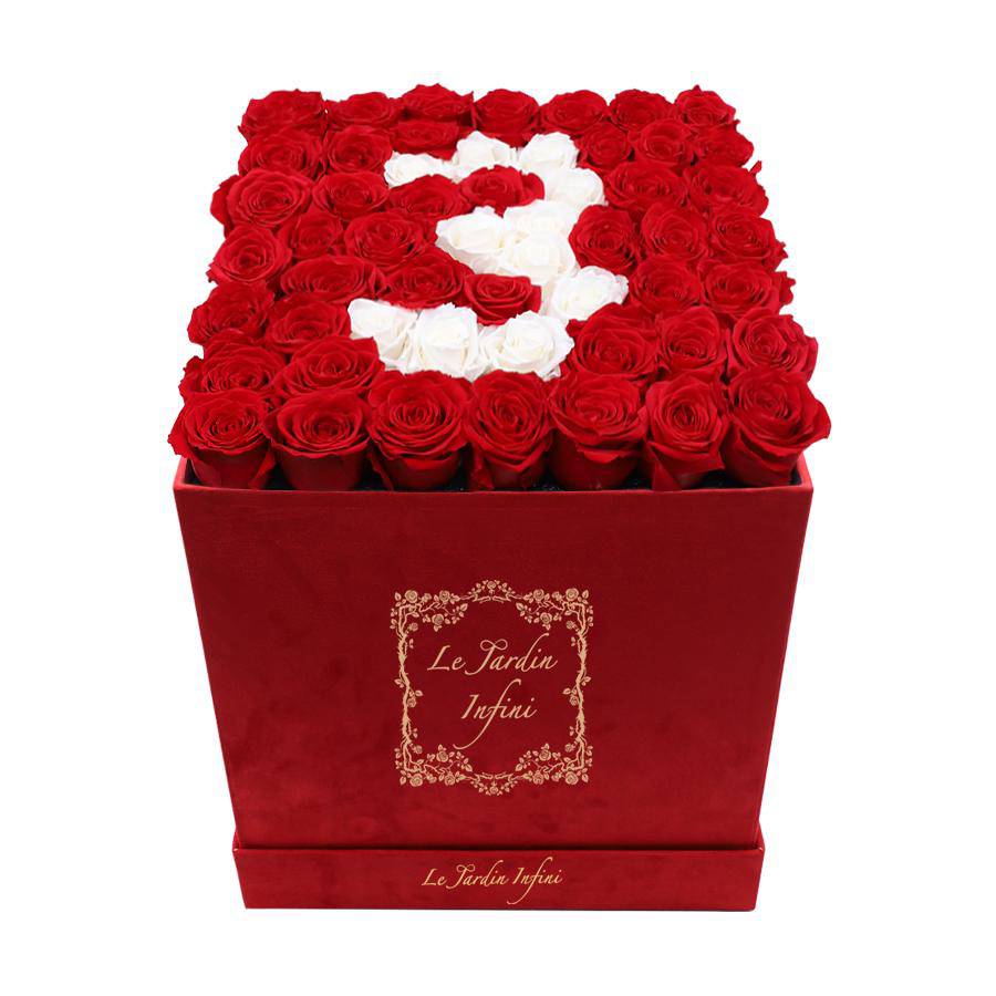 #3 Red & White Preserved Roses - Large Square Luxury Red Suede Box - Le Jardin Infini Roses in a Box