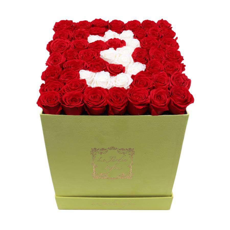 #3 Red & White Preserved Roses - Large Square Luxury Yellow Suede Box - Le Jardin Infini Roses in a Box