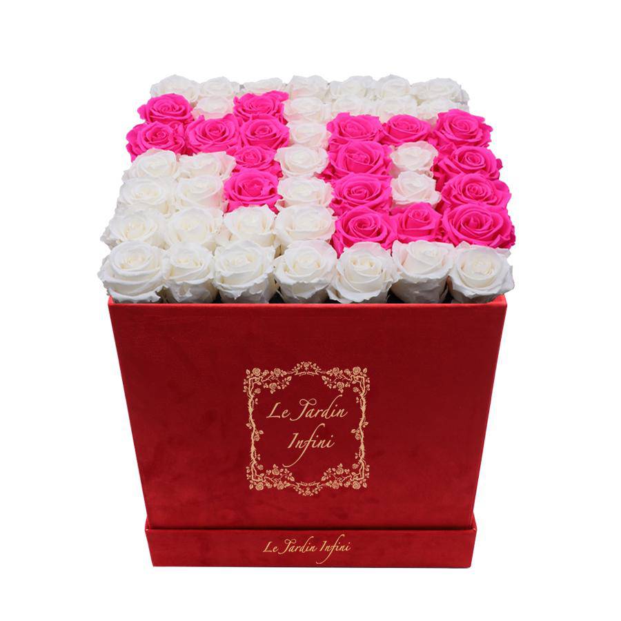 #40 Hot Pink & White Preserved Roses - Luxury Large Square Red Suede Box - Le Jardin Infini Roses in a Box