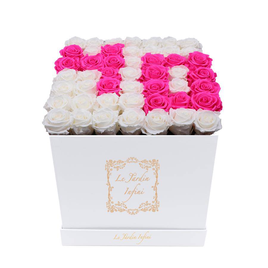 number 40 Hot Pink & White Preserved Roses - Luxury Large Square White Box