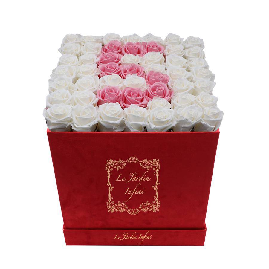 #5 White & Pink Preserved Roses - Large Square Luxury Red Suede Box - Le Jardin Infini Roses in a Box