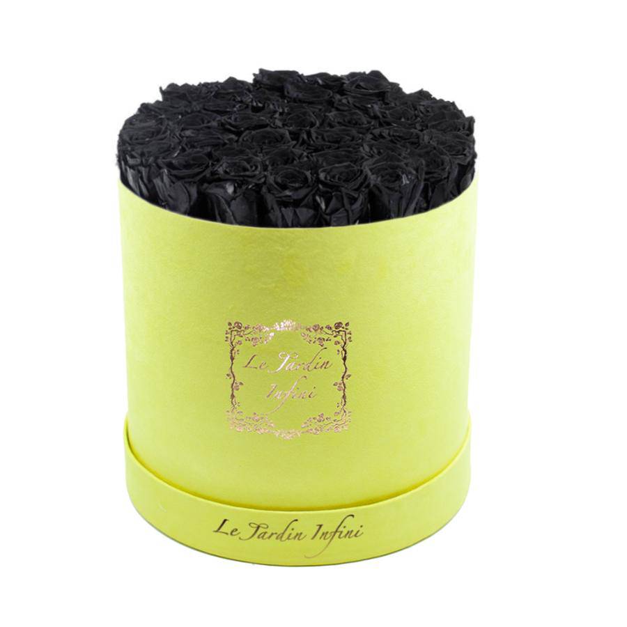 Black Preserved Eternal Roses - Large Round Luxury Yellow Suede Box - Le Jardin Infini Roses in a Box