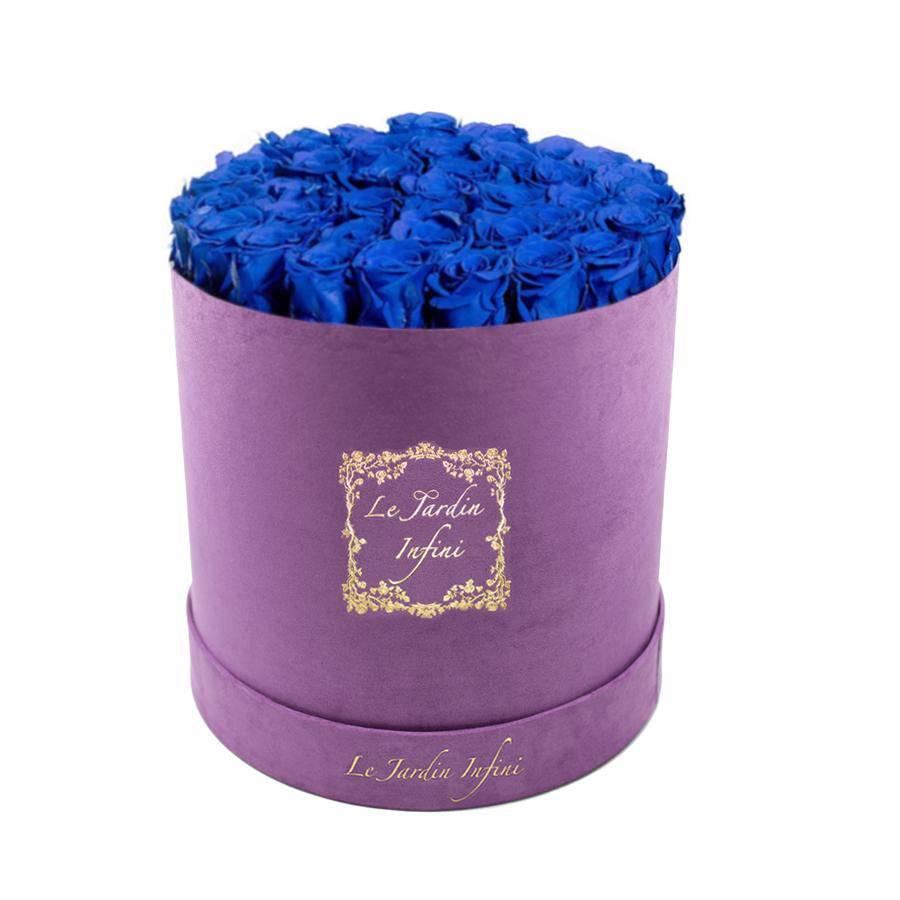 Blue Preserved Roses - Large Round Luxury Purple Suede Box - Le Jardin Infini Roses in a Box