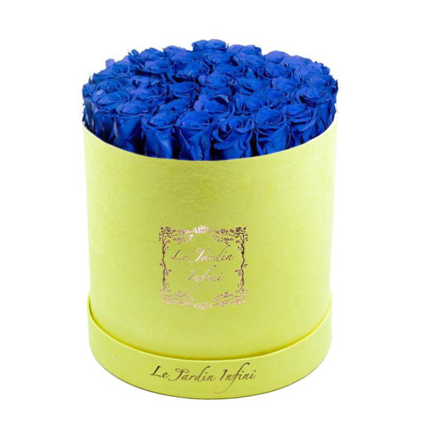 Blue Preserved Roses - Large Round Luxury Yellow Suede Box - Le Jardin Infini Roses in a Box