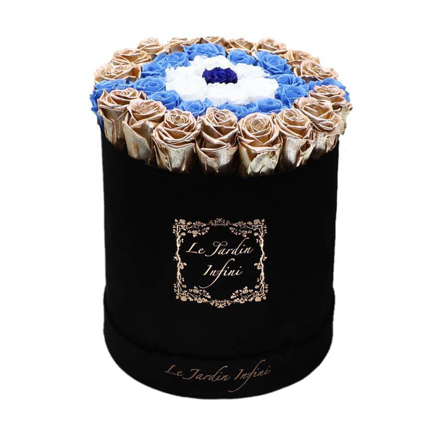 Evil Eye Gold, Baby Blue, White & Royal Blue Center Preserved Roses - Large Round Luxury Black Suede Box - Le Jardin Infini Roses in a Box