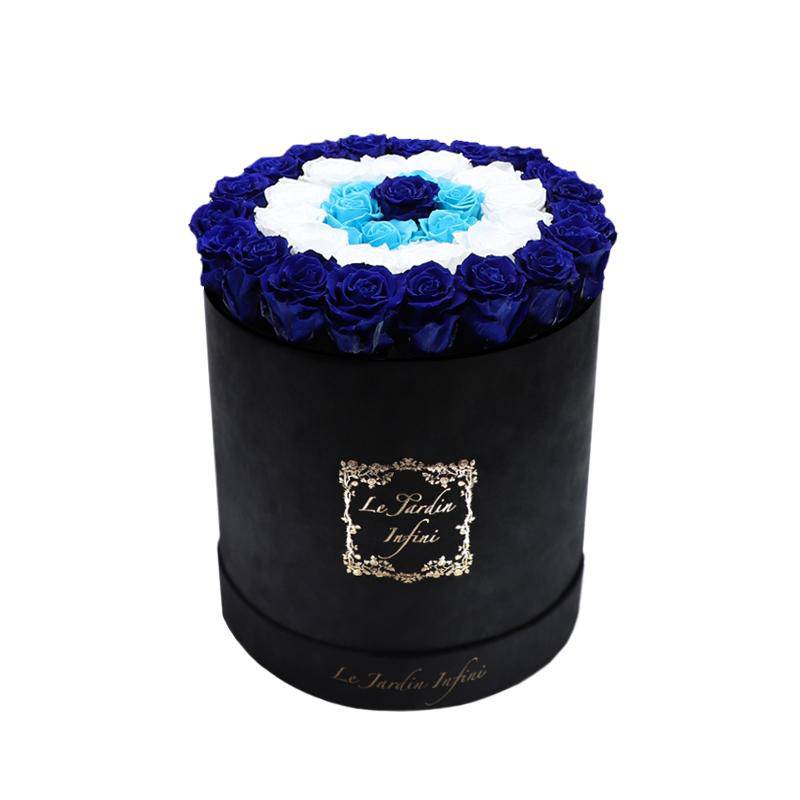 Evil Eye Royal Blue, Turquoise & White Preserved Roses - Large Round Luxury Black Box