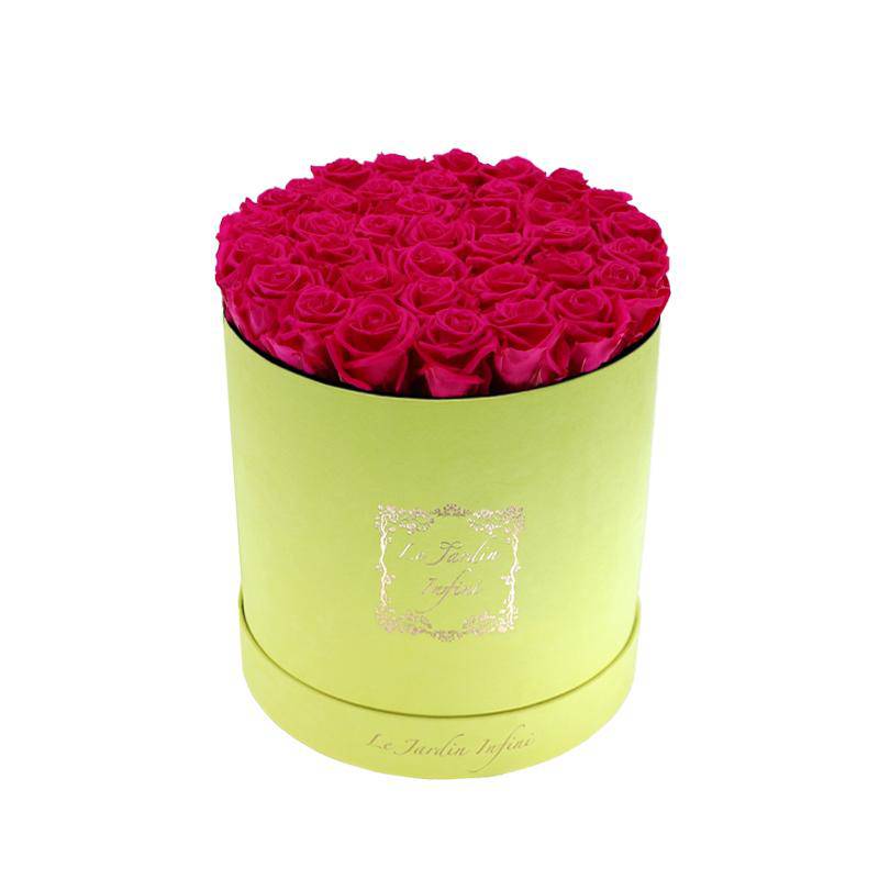 Fuchsia Preserved Roses - Large Round Luxury Yellow Suede Box