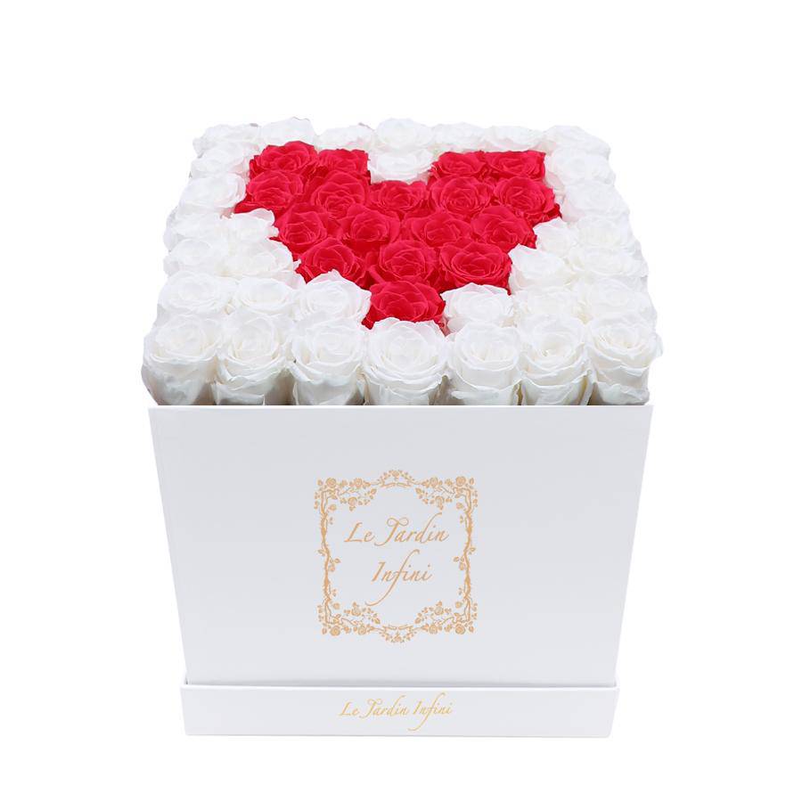 Heart Design Dark Pink & White Preserved Roses - Large Square Luxury White Box