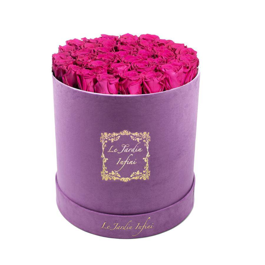 Hot Pink Preserved Roses - Large Round Luxury Purple Suede Box - Le Jardin Infini Roses in a Box