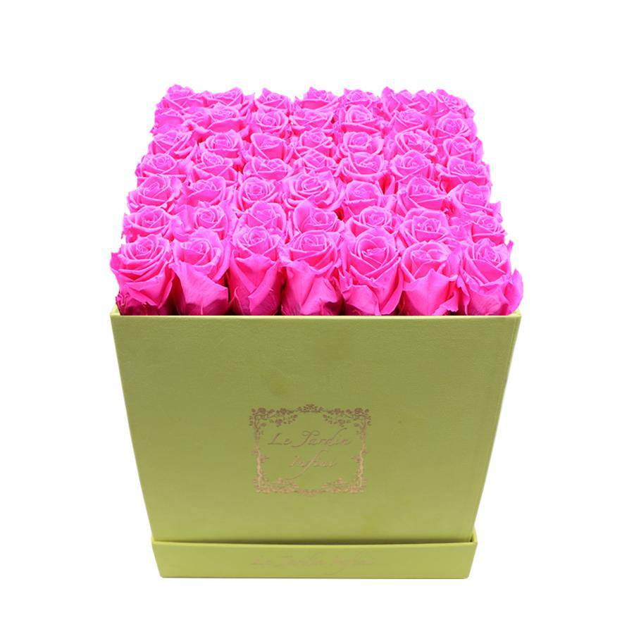 Hot Pink Preserved Roses - Large Square Luxury Yellow Suede Box - Le Jardin Infini Roses in a Box