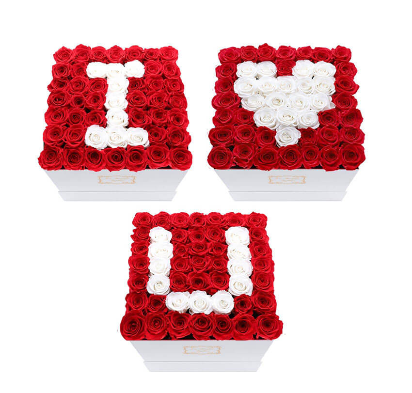 3 Boxes 150 Roses I Love U Set White & Red Preserved Roses - Large Square Luxury White Box