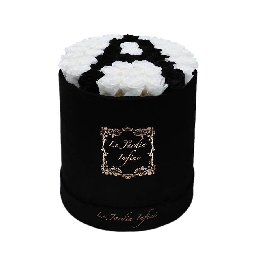 Letter A Black & White Preserved Roses - Large Round Black Suede Box - Le Jardin Infini Roses in a Box