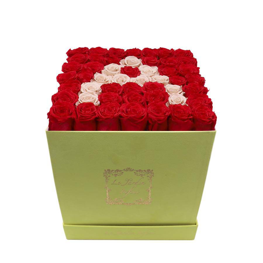 Letter A Khaki & Red Preserved Roses - Large Square Luxury Yellow Suede Box - Le Jardin Infini Roses in a Box