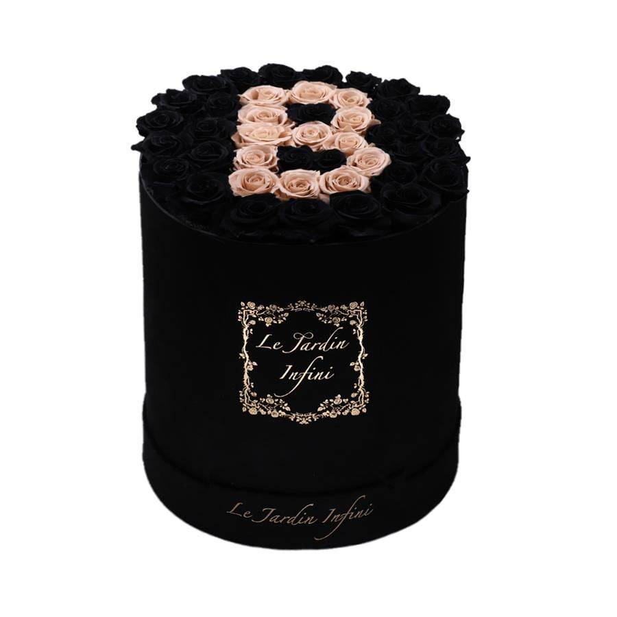 Letter B Black & Khaki Preserved Roses - Large Round Black Suede Box - Le Jardin Infini Roses in a Box