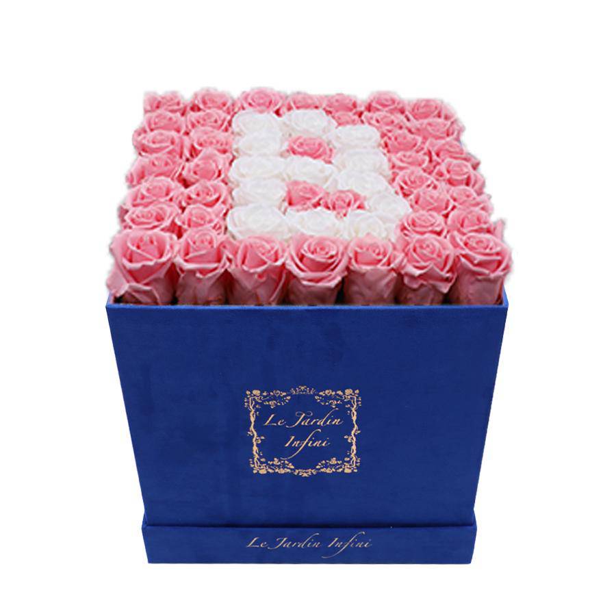 Letter B White & Pink Preserved Roses - Large Square Luxury Blue Suede Box - Le Jardin Infini Roses in a Box