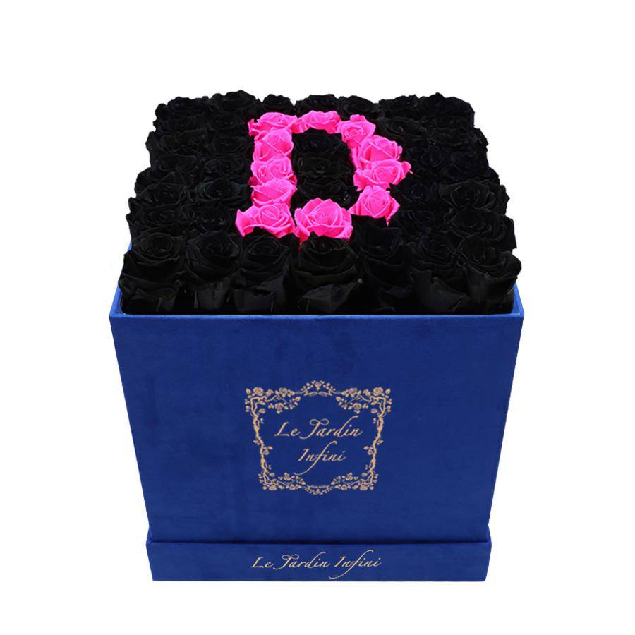 Letter D Hot Pink & Black Preserved Roses - Large Square Luxury Blue Suede Box - Le Jardin Infini Roses in a Box