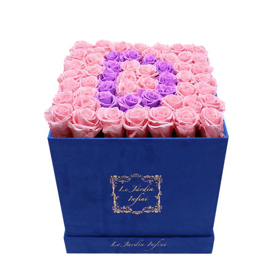 Letter D Lilac & Pink Preserved Roses - Large Square Luxury Blue Suede Box - Le Jardin Infini Roses in a Box