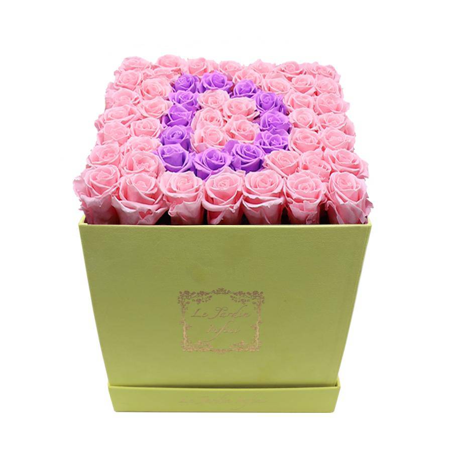 Letter D Lilac & Pink Preserved Roses - Large Square Luxury Yellow Suede Box - Le Jardin Infini Roses in a Box