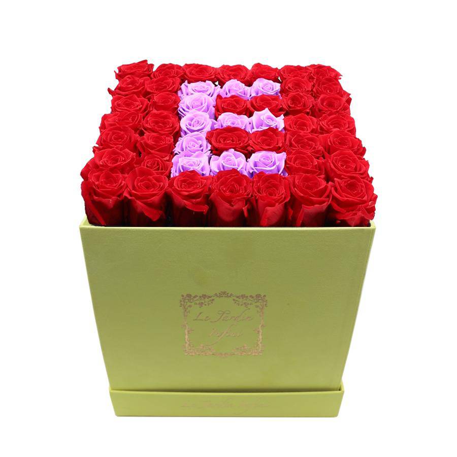 Letter E Lilac & Red Preserved Roses - Large Square Luxury Yellow Suede Box - Le Jardin Infini Roses in a Box