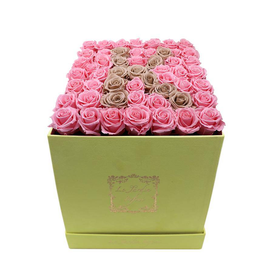 Letter K Pink & Khaki Preserved Roses Eternal Flowers - Luxury Large Square Yellow Suede Box - Le Jardin Infini Roses in a Box